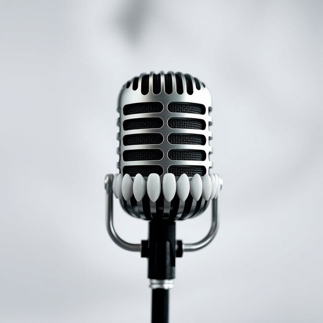 A stylized image of a microphone that has intricate dental features, resembling teeth on the microphone's body