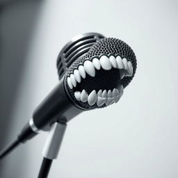 A stylized image of a microphone that has intricate dental features, resembling teeth on the microphone's body