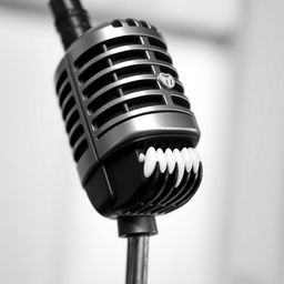 A stylized image of a microphone that has intricate dental features, resembling teeth on the microphone's body