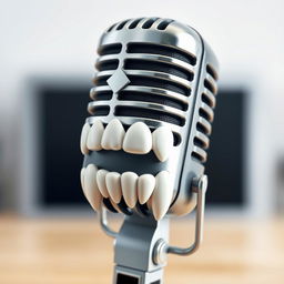 A stylized image of a microphone that has intricate dental features, resembling teeth on the microphone's body