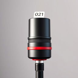 A sleek, modern black and red microphone with a stylish design, featuring a tag on the top that reads '𝗩𝗜𝗦𝗖𝗔𝗹𝗟 ⁦ | ⁰²¹'