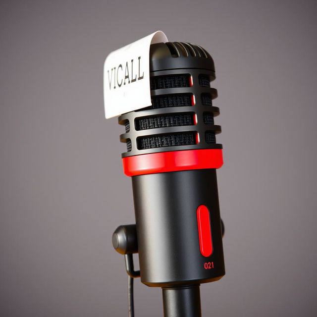 A sleek, modern black and red microphone with a stylish design, featuring a tag on the top that reads '𝗩𝗜𝗦𝗖𝗔𝗹𝗟 ⁦ | ⁰²¹'