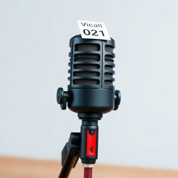 A sleek, modern black and red microphone with a stylish design, featuring a tag on the top that reads '𝗩𝗜𝗦𝗖𝗔𝗹𝗟 ⁦ | ⁰²¹'