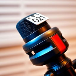 A sleek, modern black and red microphone with a stylish design, featuring a tag on the top that reads '𝗩𝗜𝗦𝗖𝗔𝗹𝗟 ⁦ | ⁰²¹'