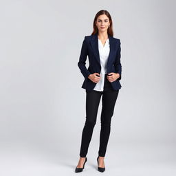 A sophisticated woman dressed in elegant formal attire, featuring a tailored navy blue blazer with sharp shoulders, a crisp white shirt underneath, and a pair of perfectly fitted black trousers