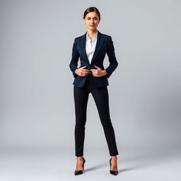 A sophisticated woman dressed in elegant formal attire, featuring a tailored navy blue blazer with sharp shoulders, a crisp white shirt underneath, and a pair of perfectly fitted black trousers