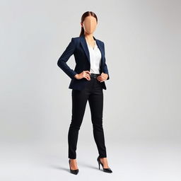 A sophisticated woman dressed in elegant formal attire, featuring a tailored navy blue blazer with sharp shoulders, a crisp white shirt underneath, and a pair of perfectly fitted black trousers
