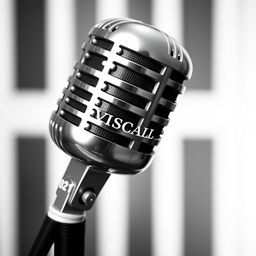 A classic black and white microphone with elegant design, featuring the inscription ➸𝗩𝗜𝗦𝗖𝗔𝗹𝗟 ⁦ |  ⁰²¹ in a stylish font