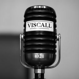 A classic black and white microphone with elegant design, featuring the inscription ➸𝗩𝗜𝗦𝗖𝗔𝗹𝗟 ⁦ |  ⁰²¹ in a stylish font
