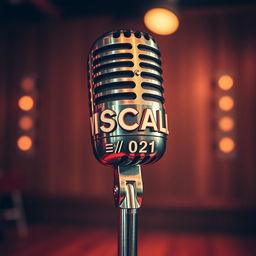 A vintage classic microphone prominently displaying the text '𝗩𝗜𝗦𝗖𝗔𝗹𝗟' and the number '⁦ | ⁰²¹' artistically integrated into its design