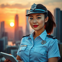 A confident female police officer, known as a 'Polwan', standing proudly in front of a cityscape at sunset