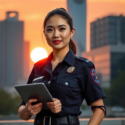 A confident female police officer, known as a 'Polwan', standing proudly in front of a cityscape at sunset