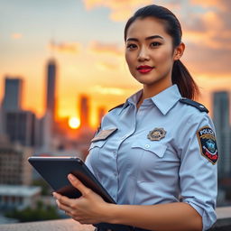 A confident female police officer, known as a 'Polwan', standing proudly in front of a cityscape at sunset