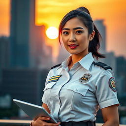 A confident female police officer, known as a 'Polwan', standing proudly in front of a cityscape at sunset