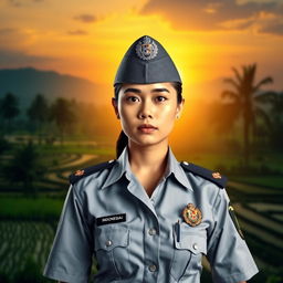 A determined Indonesian policewoman (Polwan) in a professional police uniform standing confidently in front of a traditional Indonesian landscape, showcasing elements like rice paddies and palm trees