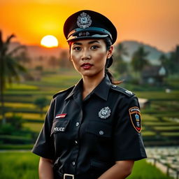 A determined Indonesian policewoman (Polwan) in a professional police uniform standing confidently in front of a traditional Indonesian landscape, showcasing elements like rice paddies and palm trees