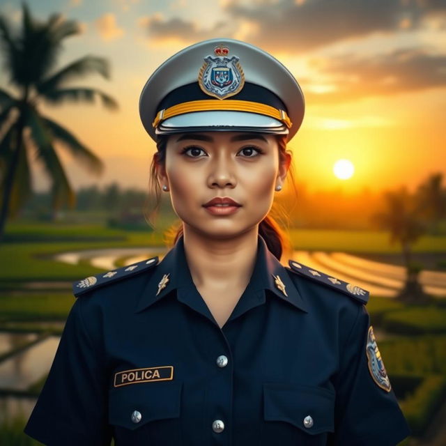 A determined Indonesian policewoman (Polwan) in a professional police uniform standing confidently in front of a traditional Indonesian landscape, showcasing elements like rice paddies and palm trees