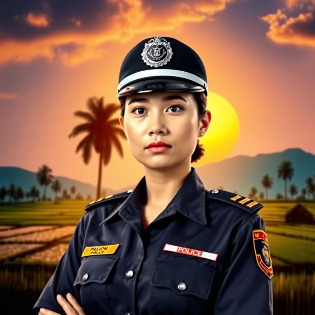 A determined Indonesian policewoman (Polwan) in a professional police uniform standing confidently in front of a traditional Indonesian landscape, showcasing elements like rice paddies and palm trees