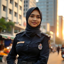 A proud Indonesian policewoman (Polwan) wearing a stylish hijab, standing confidently in her police uniform