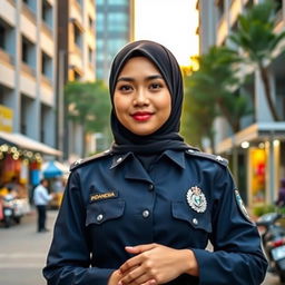 A proud Indonesian policewoman (Polwan) wearing a stylish hijab, standing confidently in her police uniform