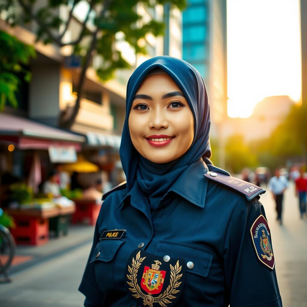 A proud Indonesian policewoman (Polwan) wearing a stylish hijab, standing confidently in her police uniform