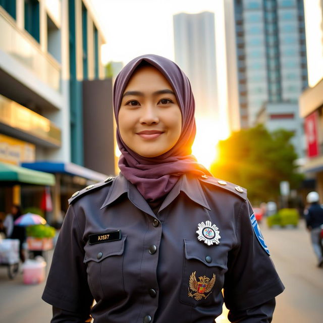 A proud Indonesian policewoman (Polwan) wearing a stylish hijab, standing confidently in her police uniform