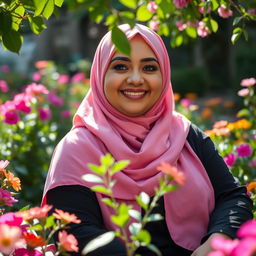 A close-up photo of a plus-sized woman wearing a pink hijab and a black outfit, sitting gracefully in a beautiful garden full of colorful flowers