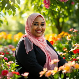 A close-up photo of a plus-sized woman wearing a pink hijab and a black outfit, sitting gracefully in a beautiful garden full of colorful flowers