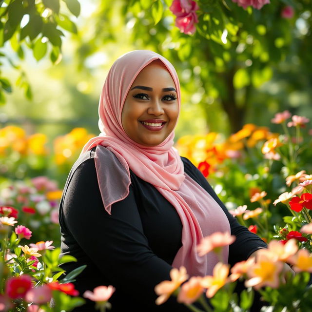 A close-up photo of a plus-sized woman wearing a pink hijab and a black outfit, sitting gracefully in a beautiful garden full of colorful flowers