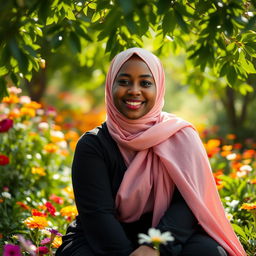A close-up photo of a plus-sized woman wearing a pink hijab and a black outfit, sitting gracefully in a beautiful garden full of colorful flowers