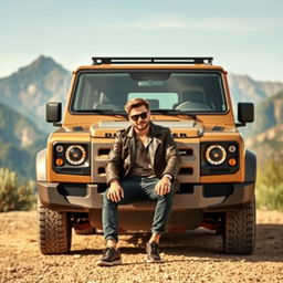 A stylish person sitting confidently in front of a rugged Defender car