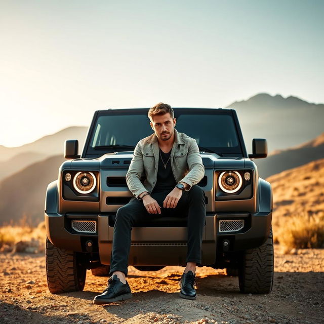 A stylish person sitting confidently in front of a rugged Defender car