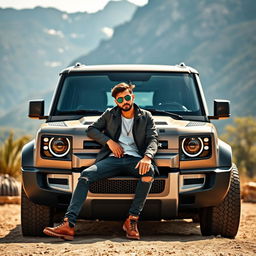 A stylish person sitting confidently in front of a rugged Defender car