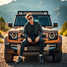 A stylish person sitting confidently in front of a rugged Defender car