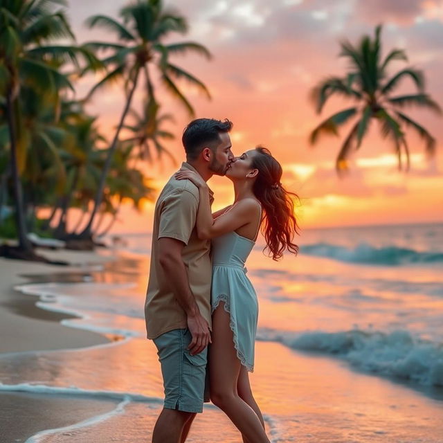 A romantic scene of a couple sharing a loving kiss under a beautiful sunset, capturing the intimacy and sparks between them