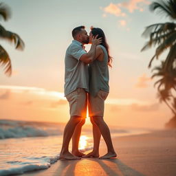 A romantic scene of a couple sharing a loving kiss under a beautiful sunset, capturing the intimacy and sparks between them
