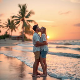 A romantic scene of a couple sharing a loving kiss under a beautiful sunset, capturing the intimacy and sparks between them