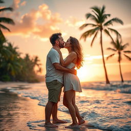 A romantic scene of a couple sharing a loving kiss under a beautiful sunset, capturing the intimacy and sparks between them