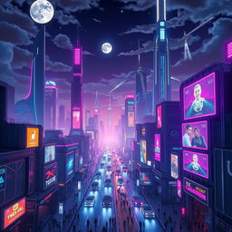 A futuristic city skyline at night, illuminated by neon lights and holographic advertisements, featuring sleek, tall skyscrapers, flying cars, and bustling streets filled with people