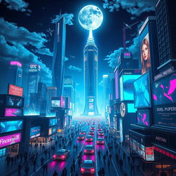 A futuristic city skyline at night, illuminated by neon lights and holographic advertisements, featuring sleek, tall skyscrapers, flying cars, and bustling streets filled with people