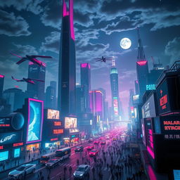 A futuristic city skyline at night, illuminated by neon lights and holographic advertisements, featuring sleek, tall skyscrapers, flying cars, and bustling streets filled with people