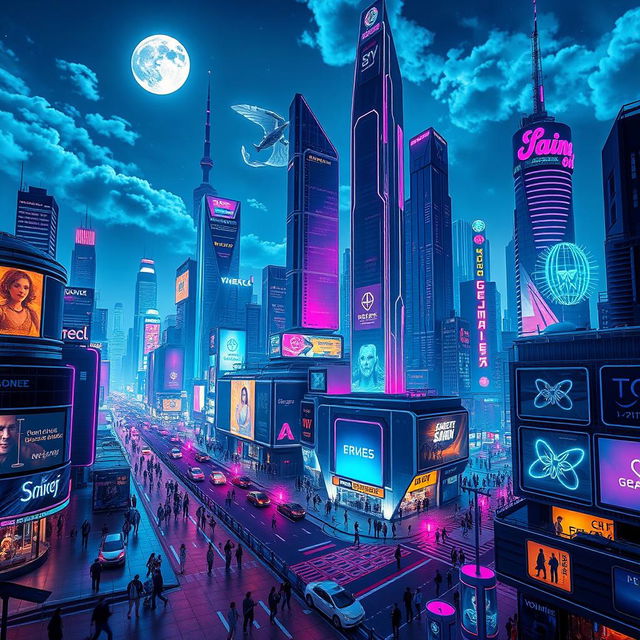 A futuristic city skyline at night, illuminated by neon lights and holographic advertisements, featuring sleek, tall skyscrapers, flying cars, and bustling streets filled with people