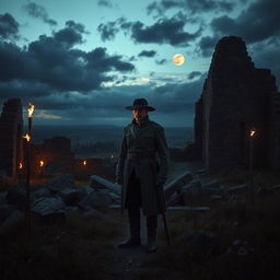 A dramatic scene depicting a historic battlefield during twilight, where a lone figure of a man, dressed in a tattered uniform from the 1800s, stands solemnly amidst the ruins of an ancient castle