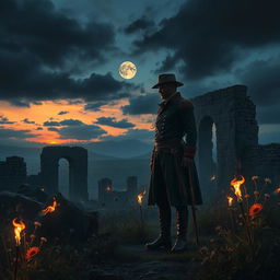 A dramatic scene depicting a historic battlefield during twilight, where a lone figure of a man, dressed in a tattered uniform from the 1800s, stands solemnly amidst the ruins of an ancient castle