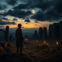 A dramatic scene depicting a historic battlefield during twilight, where a lone figure of a man, dressed in a tattered uniform from the 1800s, stands solemnly amidst the ruins of an ancient castle