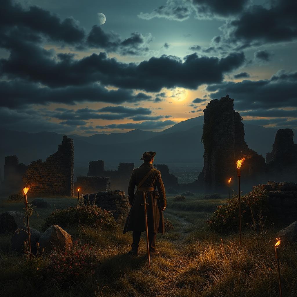 A dramatic scene depicting a historic battlefield during twilight, where a lone figure of a man, dressed in a tattered uniform from the 1800s, stands solemnly amidst the ruins of an ancient castle