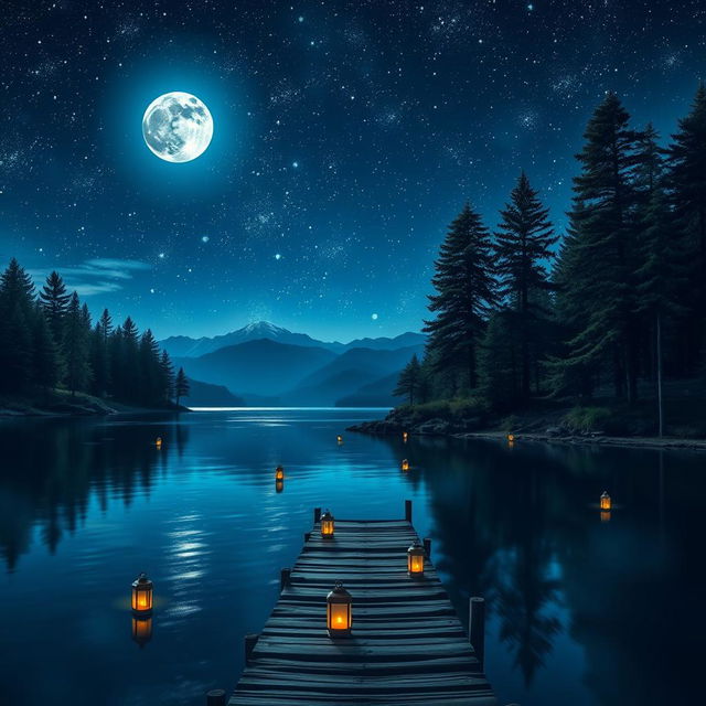 A breathtaking night scene featuring a starry sky illuminated by a full moon, casting silvery light on a tranquil lake surrounded by lush pine trees