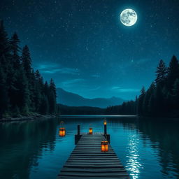 A breathtaking night scene featuring a starry sky illuminated by a full moon, casting silvery light on a tranquil lake surrounded by lush pine trees