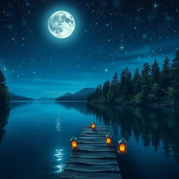 A breathtaking night scene featuring a starry sky illuminated by a full moon, casting silvery light on a tranquil lake surrounded by lush pine trees