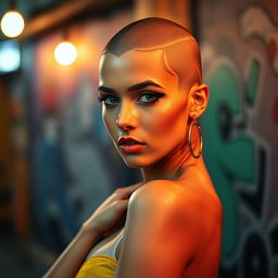 A captivating scene showcasing the striking beauty of a hot young woman with an intricately shaved head, emphasizing her unique style and confidence